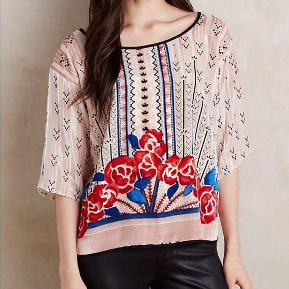 Moulinette Soeurs Pink Floral Embroidered Blouse with Red & Blue Accents